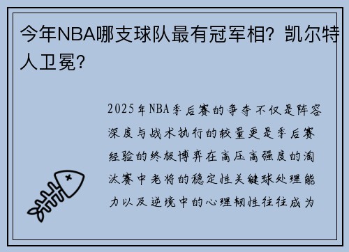 今年NBA哪支球队最有冠军相？凯尔特人卫冕？